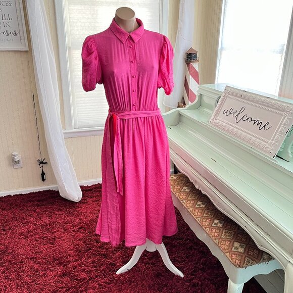 A. Calin HOT pink Puff Sleeve Textured A-Line Midi Dress sz S - Picture 12 of 12